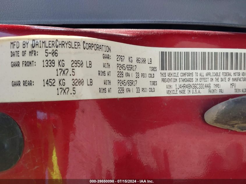 2006 Jeep Grand Cherokee Laredo VIN: 1J4HR48N36C331446 Lot: 39850098