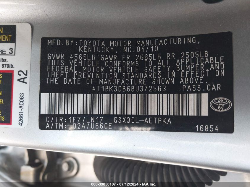 2011 Toyota Avalon Limited VIN: 4T1BK3DB6BU372563 Lot: 39850107