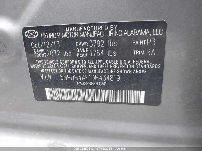 2013 Hyundai Elantra Gls VIN: 5NPDH4AE1DH434819 Lot: 39850112