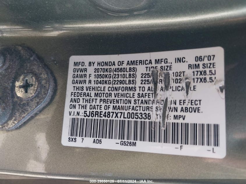2007 Honda Cr-V Ex-L VIN: 5J6RE487X7L005338 Lot: 39850125