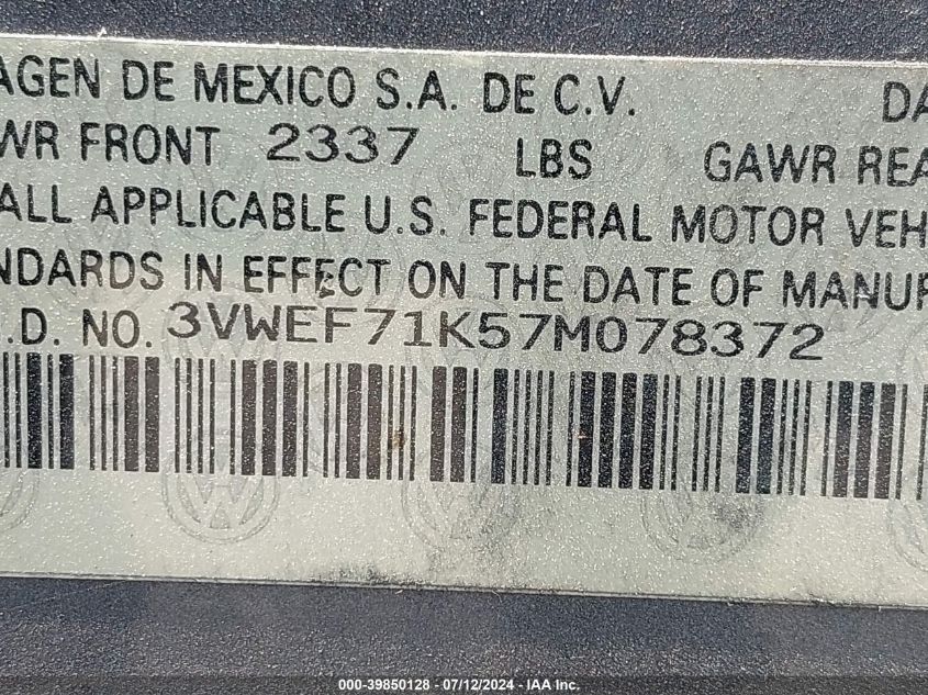 2007 Volkswagen Jetta Wolfsburg Edition VIN: 3VWEF71K57M078372 Lot: 39850128