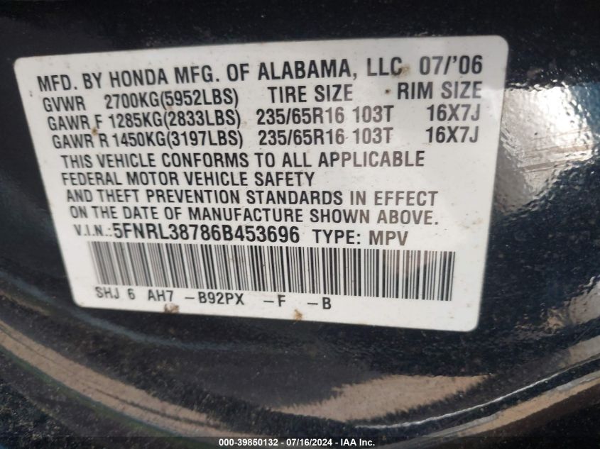 2006 Honda Odyssey Ex-L VIN: 5FNRL38786B453696 Lot: 39850132