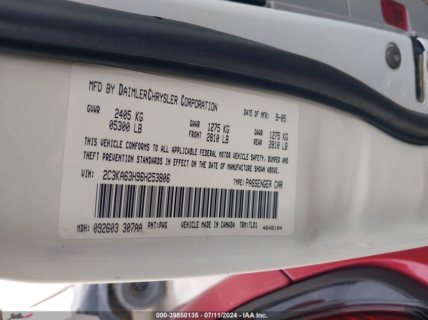 2006 Chrysler 300 C VIN: 2C3KA63H96H253806 Lot: 39850135
