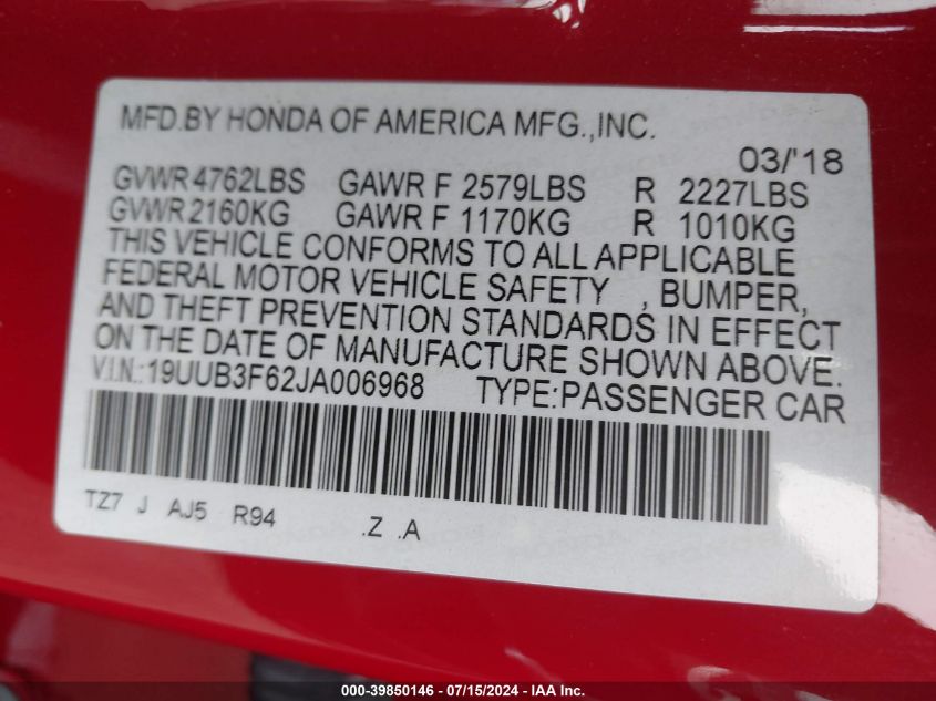2018 Acura Tlx Tech A-Spec Pkgs VIN: 19UUB3F62JA006968 Lot: 39850146