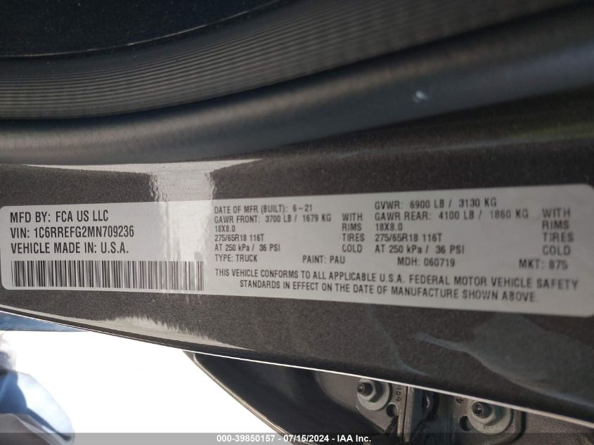 2021 Ram 1500 Big Horn 4X2 5'7 Box VIN: 1C6RREFG2MN709236 Lot: 39850157