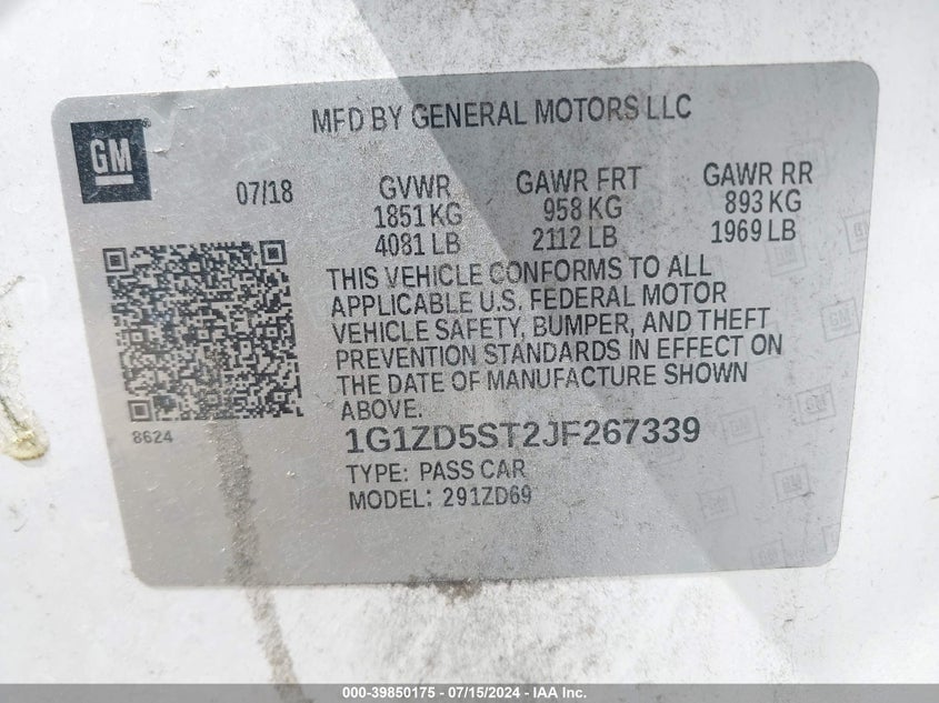 2018 Chevrolet Malibu Lt VIN: 1G1ZD5ST2JF267339 Lot: 39850175