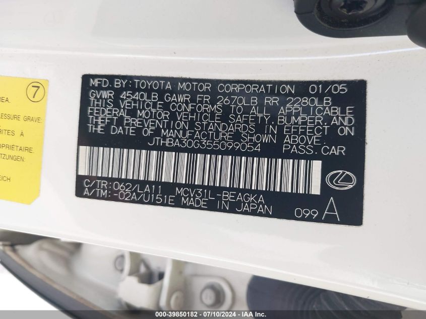 2005 Lexus Es 330 VIN: JTHBA30G355099054 Lot: 39850182