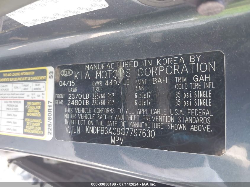 2016 Kia Sportage Lx VIN: KNDPB3AC9G7797630 Lot: 39850198