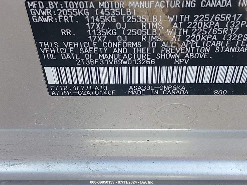 2T3BF31V89W013266 2009 Toyota Rav4 Limited