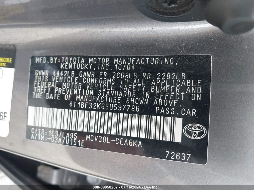 2005 Toyota Camry Xle V6 VIN: 4T1BF32K65U597786 Lot: 39850207