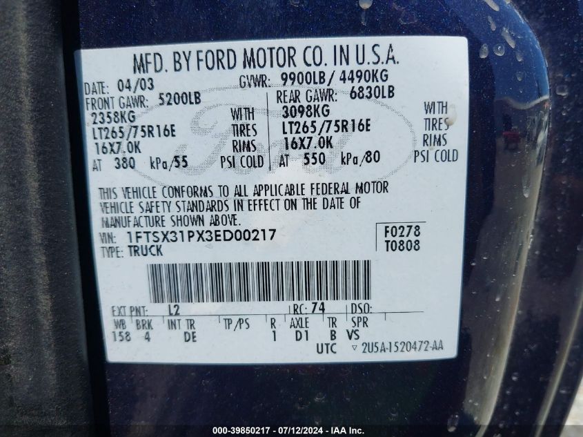 2003 Ford F350 Srw Super Duty VIN: 1FTSX31PX3ED00217 Lot: 39850217