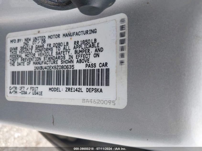 2009 Toyota Corolla S VIN: 1NXBU40EX9Z080635 Lot: 39850218