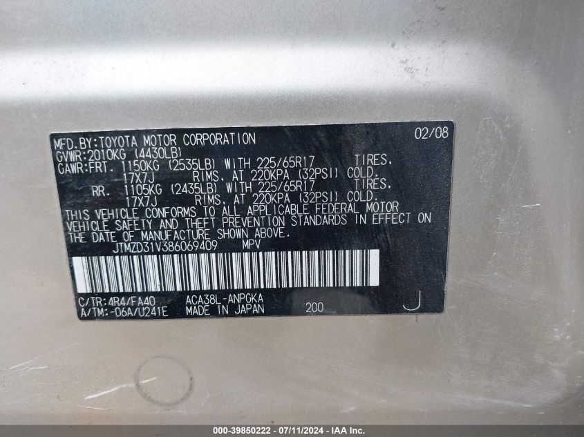 2008 Toyota Rav4 Limited VIN: JTMZD31V386069409 Lot: 39850222