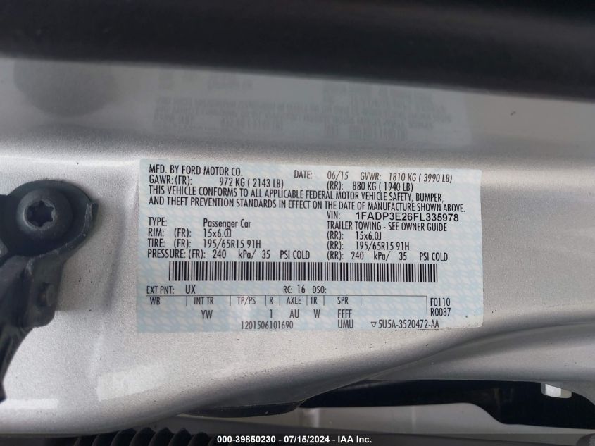 2015 Ford Focus S VIN: 1FADP3E26FL335978 Lot: 39850230