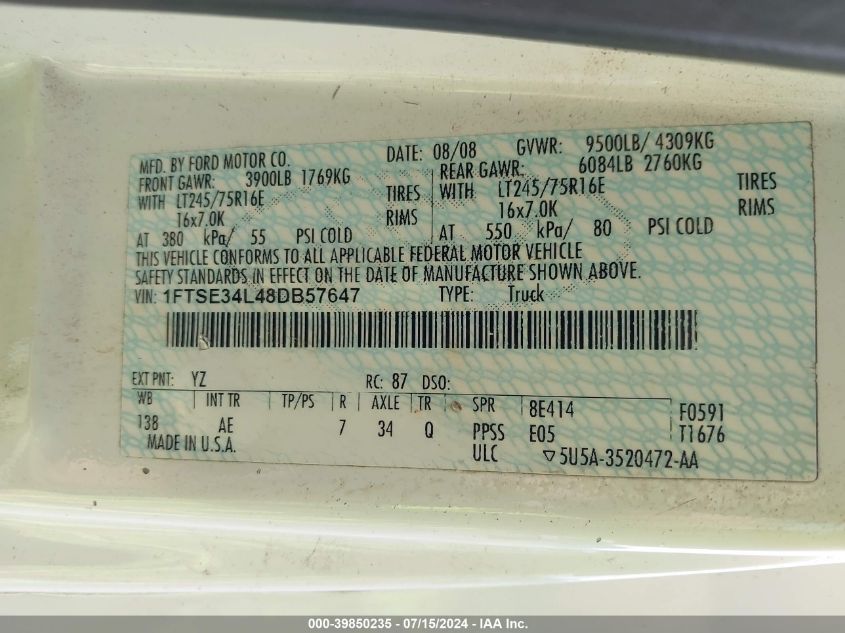 2008 Ford E-350 Super Duty Commercial/Recreational VIN: 1FTSE34L48DB57647 Lot: 39850235