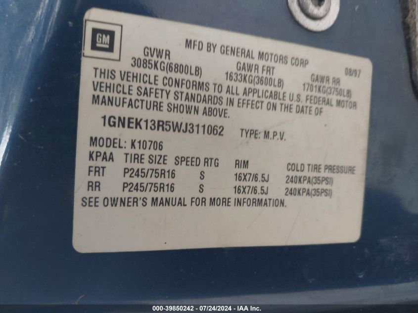 1998 Chevrolet Tahoe Ls VIN: 1GNEK13R5WJ311062 Lot: 39850242