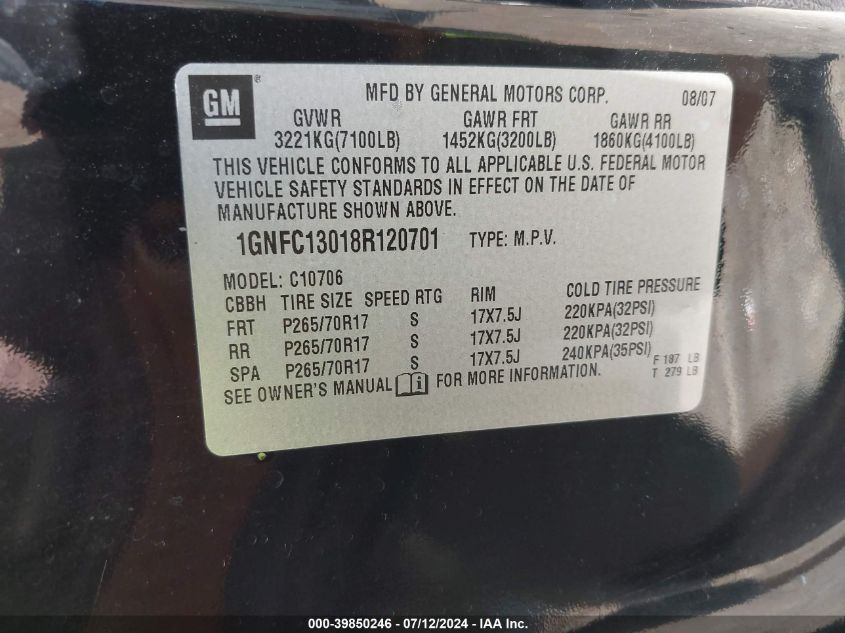 2008 Chevrolet Tahoe Ls VIN: 1GNFC13018R120701 Lot: 39850246