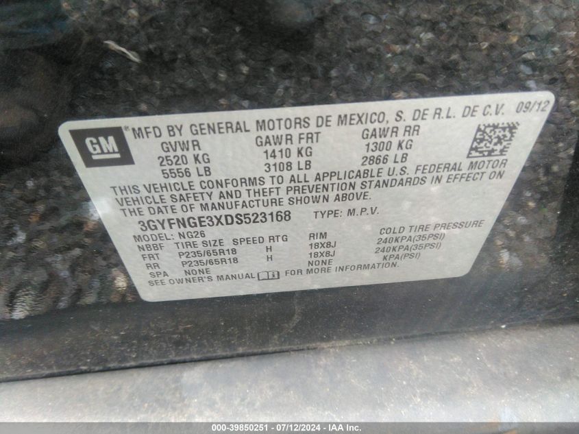 2013 Cadillac Srx Luxury Collection VIN: 3GYFNGE3XDS523168 Lot: 39850251