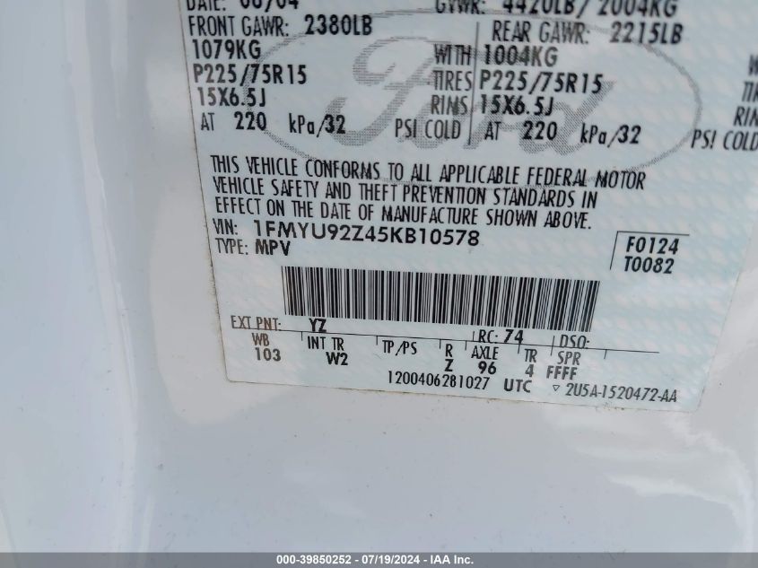 2005 Ford Escape Xls VIN: 1FMYU92Z45KB10578 Lot: 39850252