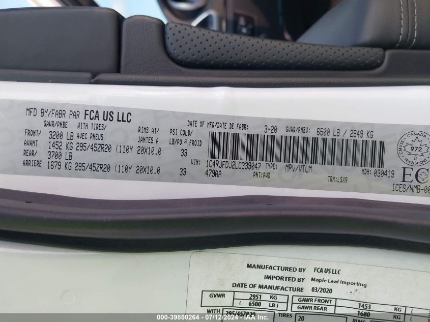 2020 Jeep Grand Cherokee Srt-8 VIN: 1C4RJFDJ2LC339047 Lot: 39850264