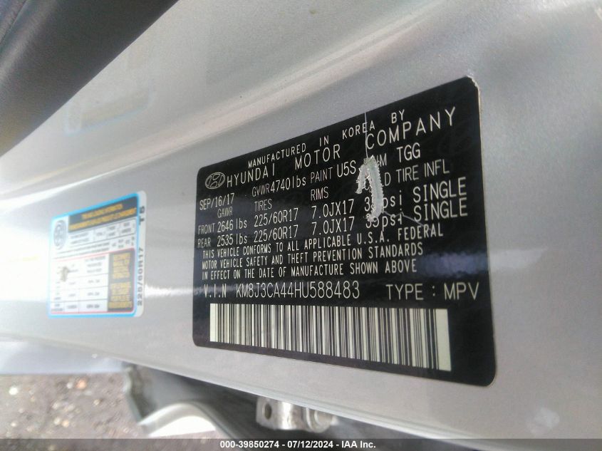 2017 Hyundai Tucson Limited/Sport And Eco/Se VIN: KM8J3CA44HU588483 Lot: 39850274