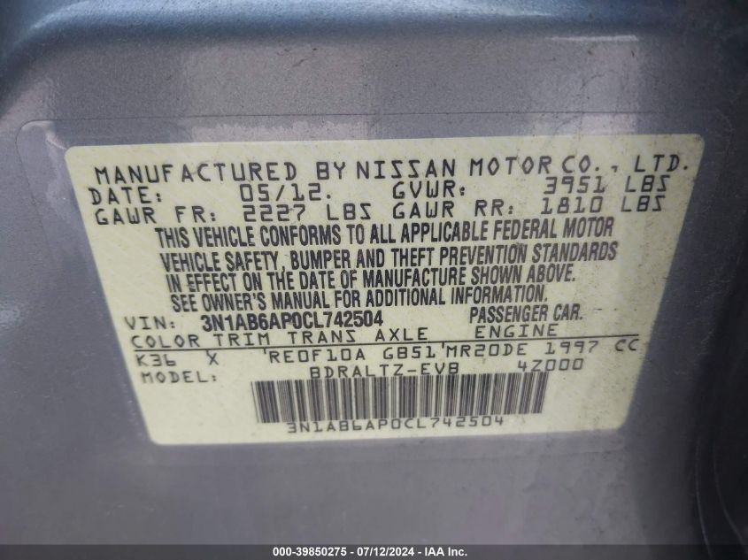 2012 Nissan Sentra 2.0/2.0S/Sr/2.0Sl VIN: 3N1AB6AP0CL742504 Lot: 39850275