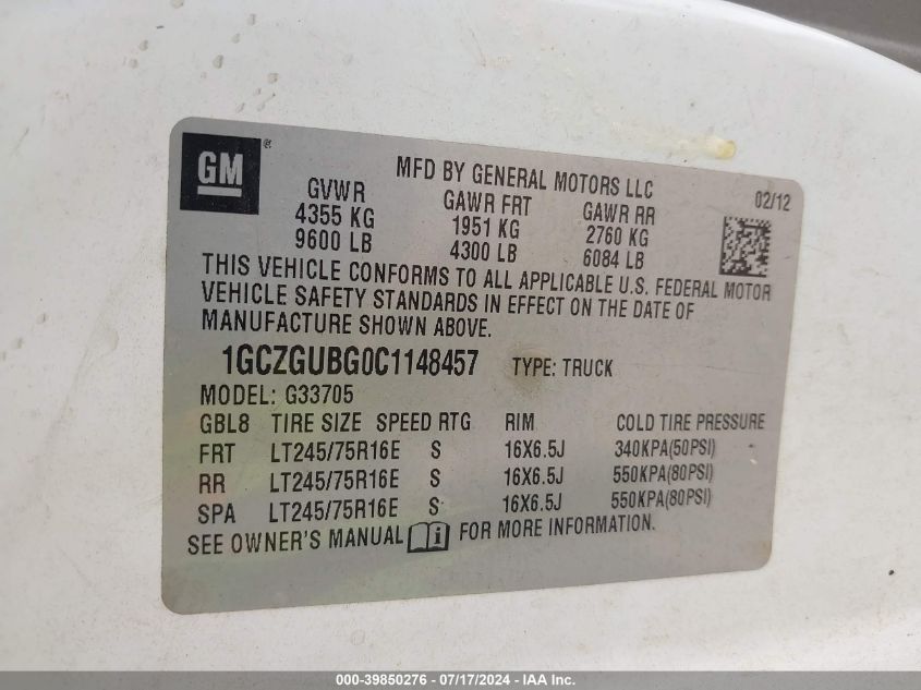 2012 Chevrolet Express 3500 Work Van VIN: 1GCZGUBG0C1148457 Lot: 39850276