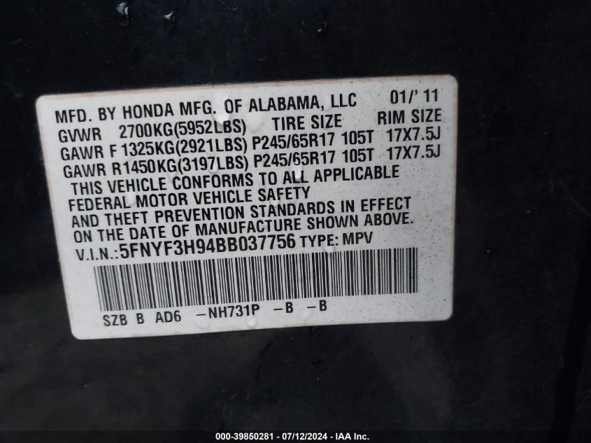 2011 Honda Pilot Touring VIN: 5FNYF3H94BB037756 Lot: 39850281