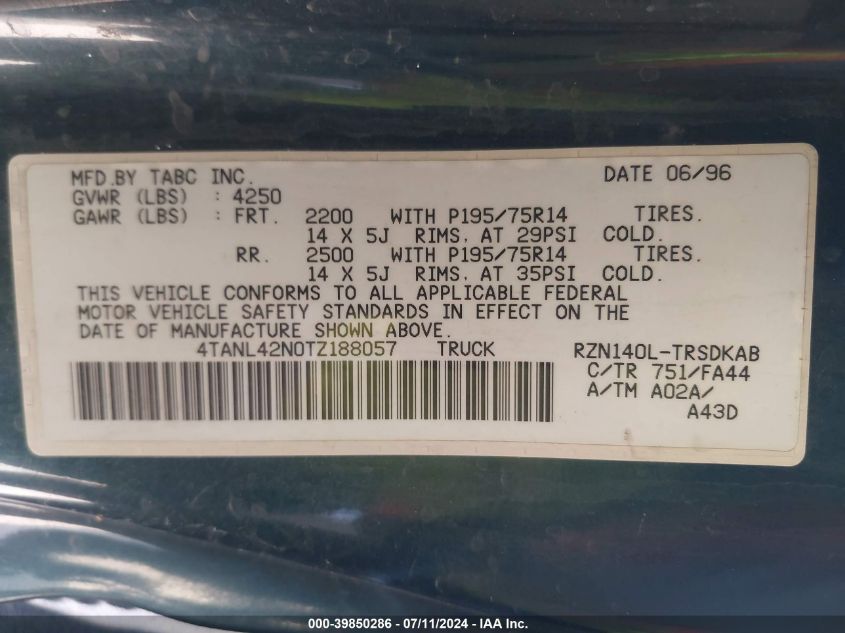 1996 Toyota Tacoma VIN: 4TANL42N0TZ188057 Lot: 39850286