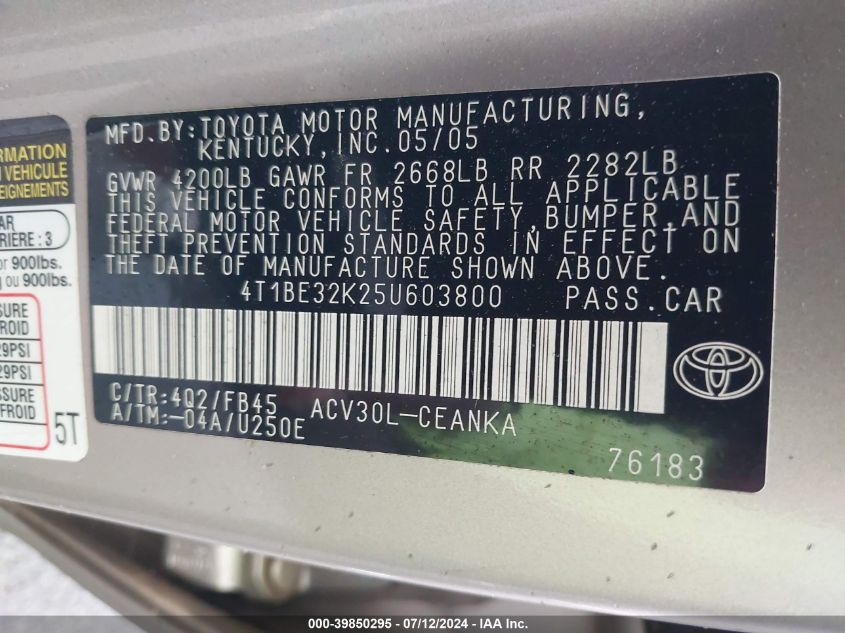 2005 Toyota Camry Le/Xle/Se VIN: 4T1BE32K25U603800 Lot: 39850295
