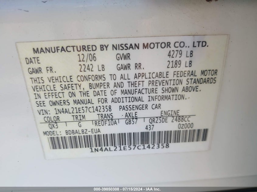 2007 Nissan Altima 2.5 S VIN: 1N4AL21E57C142358 Lot: 39850308