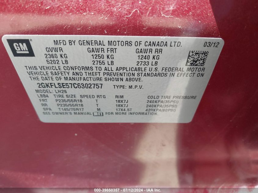 2012 GMC Terrain Sle-2 VIN: 2GKFLSE57C6302757 Lot: 39850357