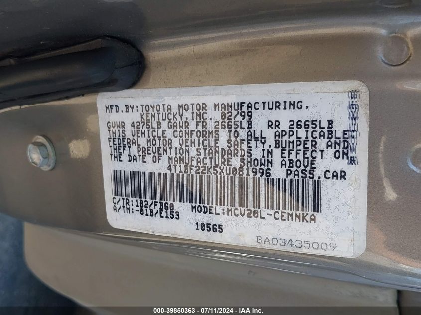 1999 Toyota Camry Le V6 VIN: 4T1BF22K5XU081996 Lot: 39850363