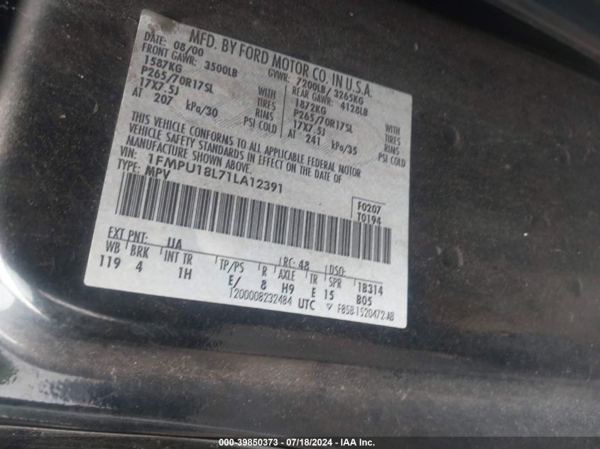 2001 Ford Expedition Eddie Bauer VIN: 1FMPU18L71LA12391 Lot: 39850373