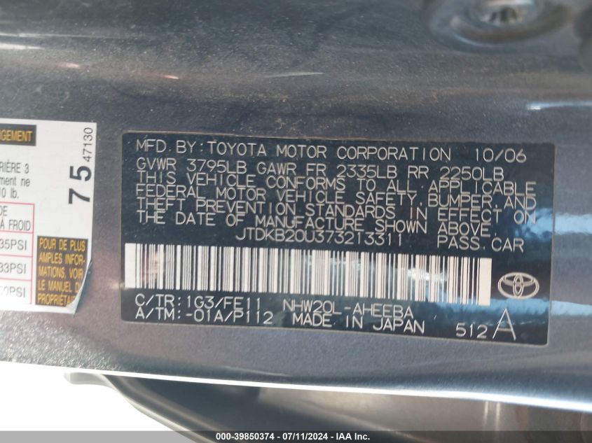 2007 Toyota Prius VIN: JTDKB20U373213311 Lot: 39850374