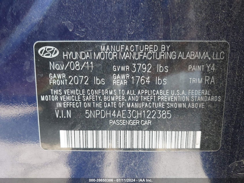 2012 Hyundai Elantra Gls VIN: 5NPDH4AE3CH122385 Lot: 39850386