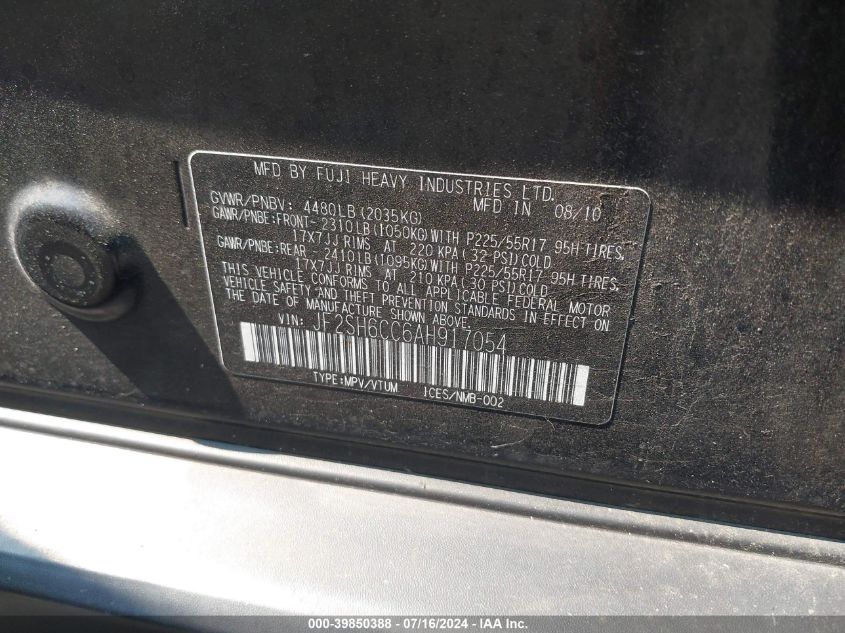 2010 Subaru Forester 2.5X Premium VIN: JF2SH6CC6AH917054 Lot: 39850388