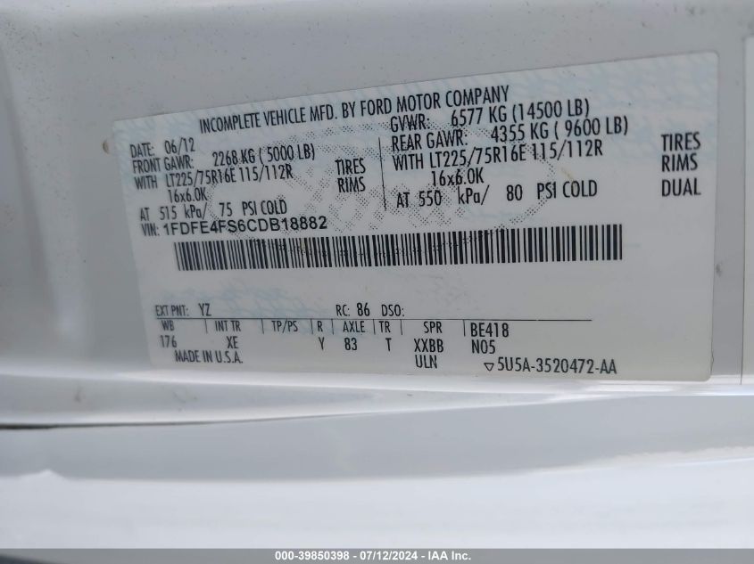 2012 Ford E-450 Cutaway VIN: 1FDFE4FS6CDB18882 Lot: 39850398