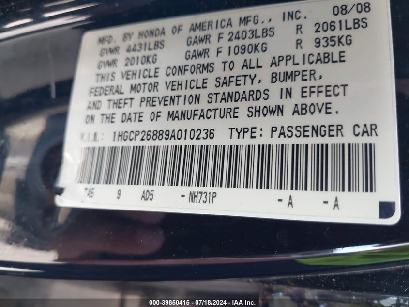 2009 Honda Accord 2.4 Ex-L VIN: 1HGCP26889A010236 Lot: 39850415