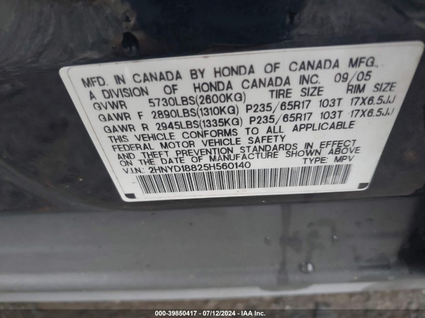 2005 Acura Mdx VIN: 2HNYD18825H560140 Lot: 39850417