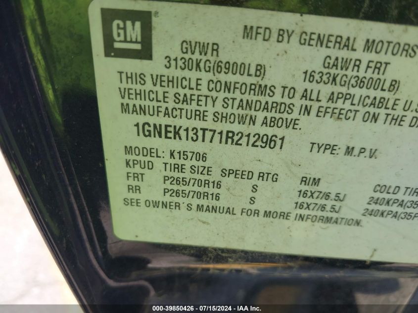 2001 Chevrolet Tahoe Lt VIN: 1GNEK13T71R212961 Lot: 39850426