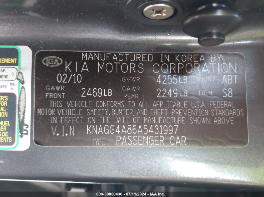 2010 Kia Optima Lx VIN: KNAGG4A86A5431997 Lot: 39850430