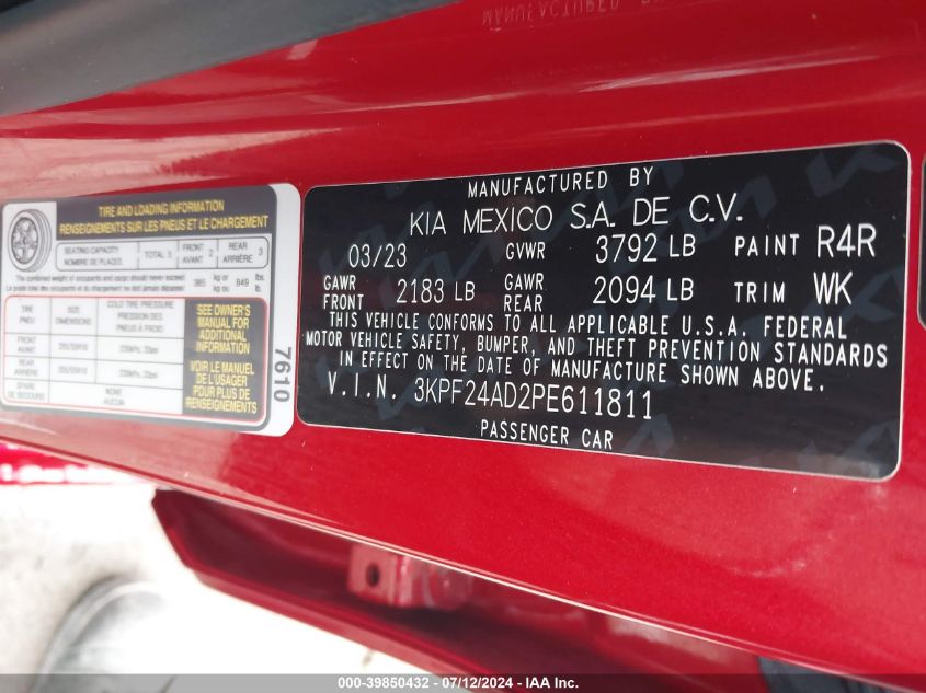 2023 Kia Forte Lxs VIN: 3KPF24AD2PE611811 Lot: 39850432