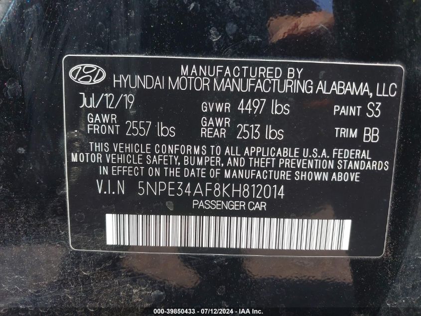 2019 HYUNDAI SONATA LIMITED/SEL/SPORT - 5NPE34AF8KH812014