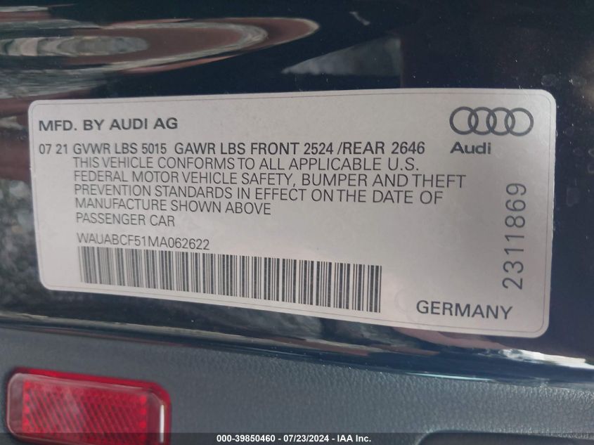 WAUABCF51MA062622 2021 Audi A5 Sportback Premium 40 Tfsi Quattro S Tronic