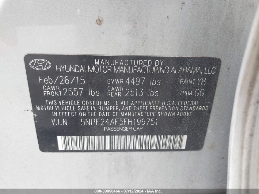2015 Hyundai Sonata Se VIN: 5NPE24AF5FH196751 Lot: 39850466