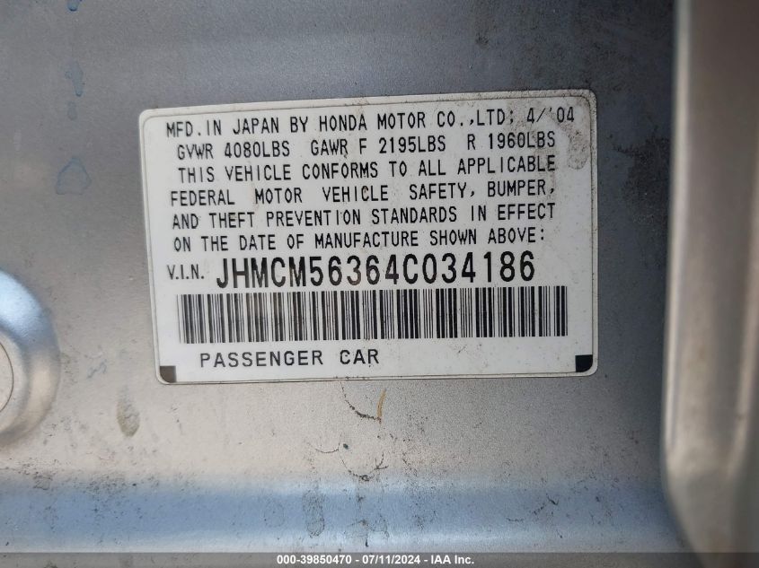 2004 Honda Accord 2.4 Lx VIN: JHMCM56364C034186 Lot: 39850470