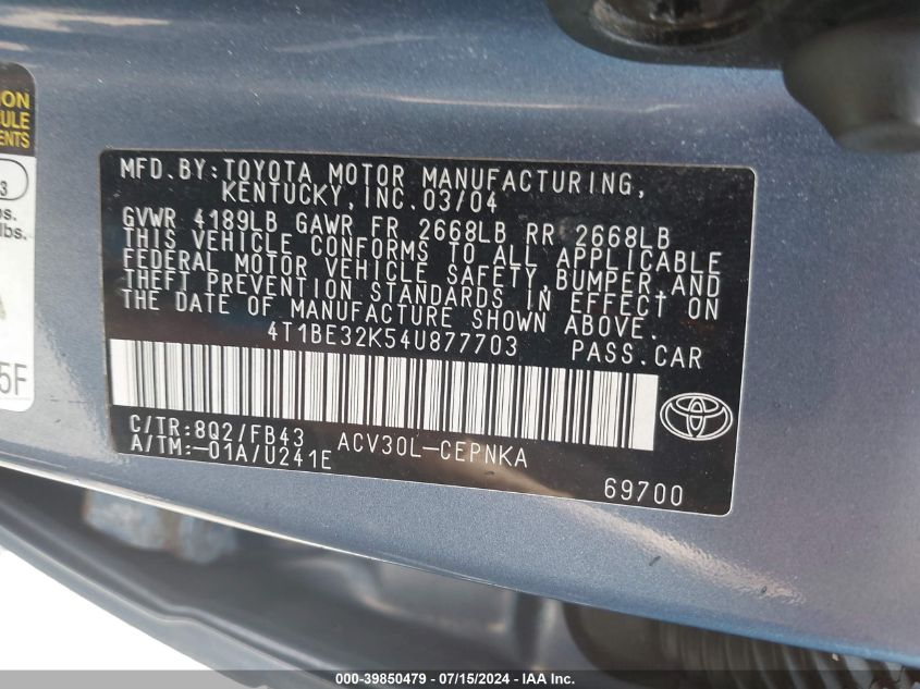 2004 Toyota Camry Le VIN: 4T1BE32K54U877703 Lot: 39850479