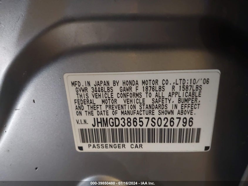 2007 Honda Fit Sport VIN: JHMGD38657S026796 Lot: 39850480