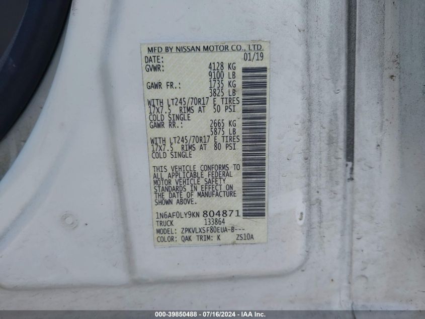 2019 Nissan Nv Cargo Nv2500 Hd Sv V8 VIN: 1N6AF0LY9KN804871 Lot: 39850488